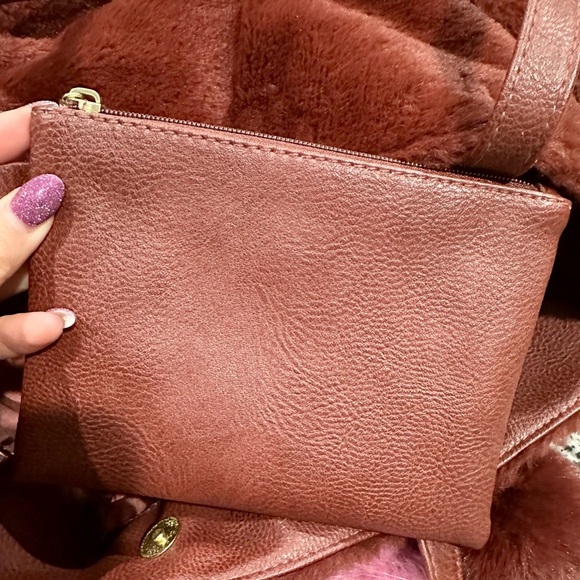 Large Burgundy Faux Fur Handbag w/ PomPom Attachments & Small Bag - Picture 3 of 9